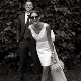 Runhufu Short Mini Satin V Neck Bridal Gown Large Bow Open Back Sleeveless Above Knee Length Wedding Party Dress