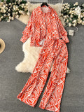 Runhufu Women Fashion Printed Suits 2024 Turn-down Collar Loose Blouse+Elastic Wide Leg Long Pants Casual Two Pieces Sets
