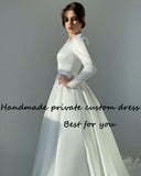 Runhufu Satin A Line Princess Wedding Dresses Long Sleeve Square Neck Elegant Bride Dress Civil Wedding Bridal Gowns