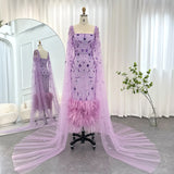 Runhufu Said Dubai Luxury Feathers Lilac Evening Dress with Cape Sleeves Ankle Length Midi Arabic Women Wedding Party Gowns SS381