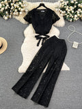 Runhufu High Street Women Lace Slim Two Pieces Suits Summer Lace Up Short Top+Wide Legs Long Pants Set Retro Lace Floral Sets