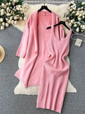 Runhufu Autumn Thick Warm Knitted Suits 2024 Strap Knit Dress+Loose Long Cardigans Sweater Home Wear Casual Two Pieces Sets