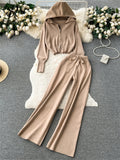 Runhufu Fashion Casual Sports Knitted Suits Zipper Hoodie+Elastic Waist Drawstring Wide Legs Long Pants Winter Two Pieces Sets