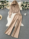 Runhufu Fashion Casual Sports Knitted Suits Zipper Hoodie+Elastic Waist Drawstring Wide Legs Long Pants Winter Two Pieces Sets