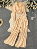 Runhufu Spring Fashion OL Two Pieces Suits Lapel Neck Blouse+Pocket Wide Leg Long Pant 2024 Women Streetwear Retro Casual Sets