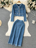 Runhufu Women Office Lady Denim Suits 2024 Long Sleeves Autumn Blouse+Split Long Skirt Vintage Fashion Jeans Two Pieces Sets