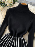 Runhufu Turtleneck Striped Pleated Knitted Dress Long Sleeve Thick Elastic Warm Dress Women Winter Vinage Chic Sweater Dress