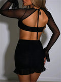 Runhufu Sexy Two-Piece Mesh Dress Sets Women See Through Clubwear Matching Sets Long Sleeve Crop Tops+Ruffle Trim Mini Skirts