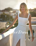 Runhufu Square Collar White Wedding Dresses For Women Side Split Sleeveless Belt Modern Button Bride Gown Backless Robe de Mariée