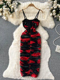 Runhufu Print Sexy Camis Dress Summer French Backless Design Folds Slim Chiffon 2024 Fashion Streetwear Retro Long Party Dress