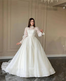 Runhufu High Collar Elegant A Line Wedding Dress Lace Puff Long Sleeves High Neck Korea Wedding Bridal Gowns Robe de mariage