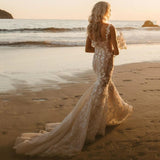 Runhufu Sexy Mermaid Wedding Dresses With 3D Lace Appliques Backless Beach Sleeveless Bride Gown Zipper Train Robe De mariée