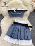 Runhufu Fashion American Retro Y2K Sexy Denim Suits Women Strapless Mini Top+ Pleated Mini Skirt Vintage Beach Two Pieces Set