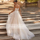 Runhufu Wedding Dress Chiffon A-line Floor Length V-neck Bride Dress Appliques Sleeveless Slit A Line Button Robes De Mariée