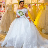 Runhufu Long Sleeves Princess Plus Size Ball Gown Wedding Dress Illusion Scoop Beaded Bridal Dresses Lace Up Back Bridal Gowns