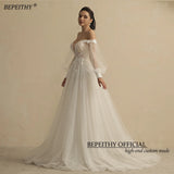 Runhufu Boho Ivory Wedding Dresses For Women 2024 Bride Deep Neck Sexy Full Sleeves A Line Glitter Bridal Gowns Sweep Train New