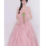 Runhufu A Line Wedding Dresses Fashion Spaghetti Straps Evening Dress With Small Train Sweet Pink Tulle Sukienka Na Wesele