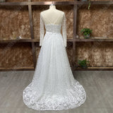 Runhufu Scoop Neck Long Sleeves Champagne Wedding Dress Sexy Open Back Tulle Lace Applique Bridal Dress A-line vestidos noiva