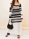 Runhufu Casual Summer Knit Beach Long Dress Women Stripe Long Sleeve Square Neck Hollow Out A-Line Maxi Dress Vacation Clothes