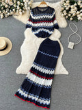 Runhufu New Summer Beach Knitted Two Pieces Suits Loose T Shirt+Long Skirt Sets High Street Elastic Waist Striped Casual Sets