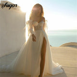Runhufu The Shoulder Princess Wedding Dress Puff Sleeve Lace Sweetheart Neck Boho Bride Dress Side Split Wedding Gowns vestido novia