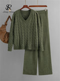 Runhufu Autumn Loose Two Pieces Sets Women Twist Striped Sweater+Wide Legs Thick Long Pant Home Wear Casual Knitted Suits 2024