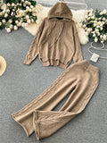 Runhufu Winter Women Warm Knitted Suits Loose Drawstring Hooded Pullover+ Wide Legs Long Pants Fashion Sports Two Piece Sets