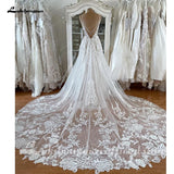 Runhufu Spaghetti Straps Lace Wedding Dress Sexy Bridal Robe Plunging V Neck Tulle Boho Wedding Gown Abiti Sposa