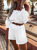 Runhufu Two-Pieces Top and Shorts Suits Summer Beach Suits Women Casual Off-Shoulder Short Sleeve Crops Tops High Waist Shorts