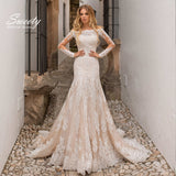 Runhufu Mermaid Wedding Dresses Embroidered Lace On Net Bridal Gown Boat Neck Full Sleeve Back Button Appliques Vestido De Novia