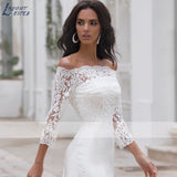 Runhufu NICEB Sexy Boat Neck Mermaid Wedding Dress 3/4 Lace Sleeves robe de mariée Off Shoulder Appliques Buttons Bridal Gown