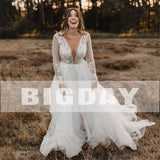 Runhufu A-Line Wedding Dresses Women 2024 Open Back Long Sleeves Lace V-Neck Bridal Gowns Tulle Sweep Train Vestidos De Noiva
