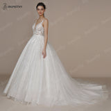 Runhufu Sexy Backless Scoop Lace Wedding Dresses For Bride France Court Train Glitter Skirt A Line Sleeveless Women Bridal Gown