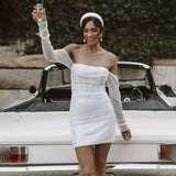 Runhufu Long Sheer Sleeves Mini Fitted Wedding Dress Corset Boning Glitter Custom Made Ruched Beading Engagement Bridal Gowns