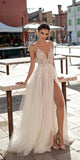 Runhufu 2023 Wedding Dresses Boho Side Slit Spaghetti Strap Sexy Illusion Boho A-Line Pearls Backless Bohemian Vestido De Noiva