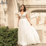 Runhufu NICEB Plus Size Wedding Dresses Classic Cap Sleeves Bride Gowns Chiffon Lace Appliques V-Neck A-Line Vestido De Noiva