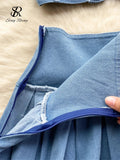Runhufu Female Chic Retro Suits Strap Button Elasticity Short Tank+Pleated Mini Skirt Fashion Hotsweet Denim Two Pieces Set