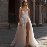 Runhufu 2024 Beach Off Shoulder Split Wedding Dresses Lace Floral Glitter Underlay A Line Bride Gowns Front Slit Sexy Bridal Gowns