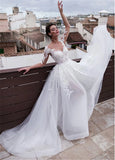 Runhufu In 1 Wedding Dresses With Detachable Skirt Lace Appliques 3/4 Sleeves Two Pieces Bridal Gowns O-Neck Mermaid Wedding Dress