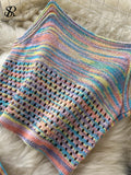 Runhufu Sexy Hollow Out Rainbow Set Knitted Mini Camis Hight Waist Knit Mid Dress Women Streetwear Fashion Two Pieces Suits