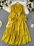 Runhufu Autumn Retro Beach Pleated Dress Women Lantern Sleeve French Single Breasted 2024 Fashion Chiffon A Line Long Dress