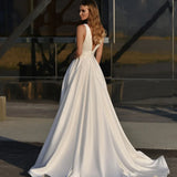 Runhufu Elegant A-Line Wedding Dresses Satin Side Slit Floor Length Custom To Measure For women With Pocket Robe De Mariee