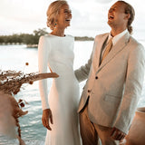 Runhufu Neck Long Fitted Sleeves Sheath Satin Wedding Dress Drop Ship Open Back Covered Buttons Crepe Beach Column Bridal Gowns