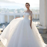 Runhufu Elegant Fluffy Wedding Dresses Bridal Gown Round Neck Long Sleeves Vestidos De Novia Beautiful Bridal Dresses Lace Applique