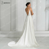 Runhufu Simple Satin Ivory V Neck Wedding Dresses For Women Party Sleeveless Sexy Backless A Line Bride White Bridal Gown Vesti
