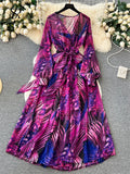 Runhufu France Retro Chiffon Dress Floral Print V Neck Long Lantern Sleeves Bandage Bow Female Loose Autumn A Line Maxi Dress