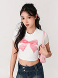 Runhufu Summer Sweet Bow Print T-Shirts Chic Fashion Short Sleeve Round Neck Crop Tops Women's Casual Basic Tees Streetwear