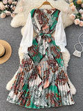 Runhufu Ethnic Style Print Dress Women Spring New Fashion Puff Sleeve Lace-up Design Sheath 2024 Retro A-Line Long Dress