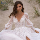 Runhufu NICEB Beach Tulle Wedding Dress For Women V-Neck Lace Appliques High Side Split Sweep Trains Custom Made Vestido De Noiva