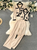 Runhufu Autumn Thick Knitted Three Pieces Sets Ladies Design Loose Cardiagsn+Knit Vest+Elastic Long Pants OL Sweater Suits